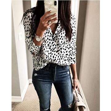 Women Leopard Print Tops -Casual V Neck Long Sleeve Button Down Shirt Knit Tunic Blouses S