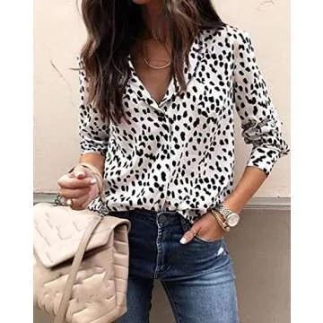 Women Leopard Print Tops -Casual V Neck Long Sleeve Button Down Shirt Knit Tunic Blouses S