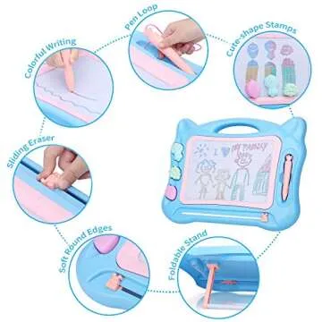 KingsDragon Magnetic Drawing Board Large Erasable Drawing Doodle Board Toy with Foldable Stand Cute Stamps,Writing Sketching Drawing Doodle Pad for Kids Toddler Boys Girls Birthday Gift