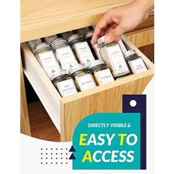 LaVie Home 9" to 26" Drawer Spice Tray, 12pcs Combinable Racks with 24pcs Jars and 168 Labels, Black Plastic Adjustable/Expandable Insert Organizer for Kitchen Cabinet Drawer