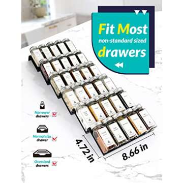 LaVie Home 9" to 26" Drawer Spice Tray, 12pcs Combinable Racks with 24pcs Jars and 168 Labels, Black Plastic Adjustable/Expandable Insert Organizer for Kitchen Cabinet Drawer