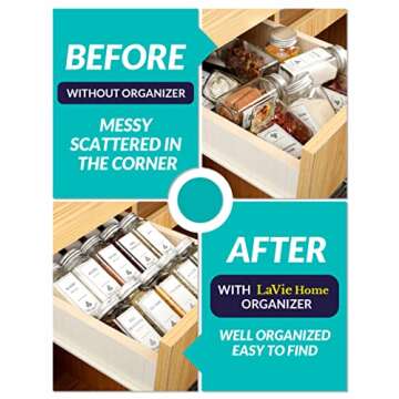 LaVie Home 9" to 26" Drawer Spice Tray, 12pcs Combinable Racks with 24pcs Jars and 168 Labels, Black Plastic Adjustable/Expandable Insert Organizer for Kitchen Cabinet Drawer