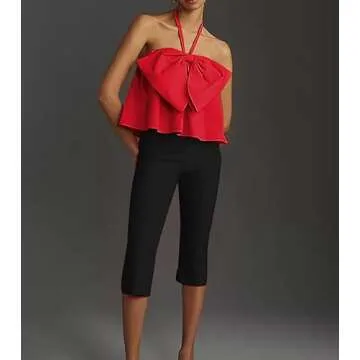 AIHUKOCY Women Halter Self Tie Sleeveless Backless Strapless Bow Knot Ruched Solid Loose Swing Sexy Tube Tank Crop Top Red