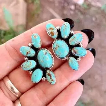 Western Earrings Boho Turquoise Oval Drop Dangle Earrings for Women Beaded Western Flower Teardrop Earrings Vintage Ethnic Alloy Pendant Jewelry Gift-Flower E