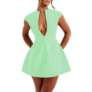 LuFeng Women's Summer Sexy Cap Sleeve Deep V Neck Zipper A-line Mini Dress Hollow Bodycon Night Out Party Dress Light Green