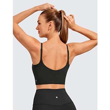 CRZ YOGA Womens Butterluxe Adjustable Spaghetti Strap Longline Sports Bra - V Neck Padded Crop Tank Top with Built in Bra Black Large