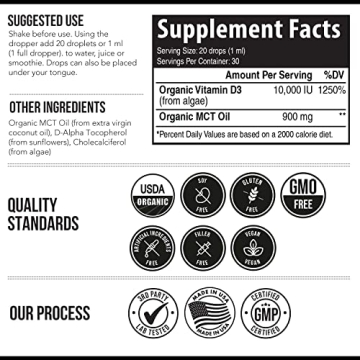 Organic Vitamin D3 10,000 IU Plant-Based High Absorption Drops