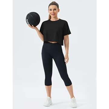 THE GYM PEOPLE Women's Workout Crop Top T-shirt Short Sleeve Boxy Yoga Running Cropped Basic Tee Black