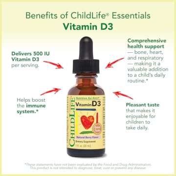 CHILDLIFE ESSENTIALS Vitamin D3 Drops - Vitamin D Drops for Infants, Baby Vitamin D Drops, Liquid Vitamin D for Kids, Toddlers 1-3, Children, 500 IU Per Serving - Natural Berry, 1 Fl Oz (Pack of 3)