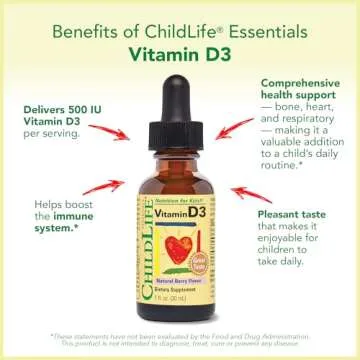 CHILDLIFE ESSENTIALS Vitamin D3 Drops - Vitamin D Drops for Infants, Baby Vitamin D Drops, Liquid Vitamin D for Kids, Toddlers 1-3, Children, 500 IU Per Serving - Natural Berry, 1 Fl Oz (Pack of 3)