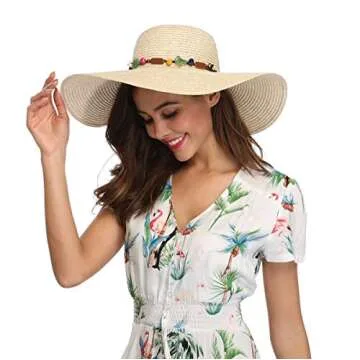 Lanzom Womens Wide Brim Summer Straw Hat Floppy Foldable Roll up Cap Beach Sun Hats UPF 50+(Style A-Khaki)