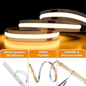 PAUTIX COB LED Strip Warm White 3000K DC12V, 18Ft/5.5M 2772LEDs CRI90+ Flexible LED Tape Lights for Cabinet Engineering Home DIY Lighting Project with 8mm COB Connector(Power Supply Not Included)