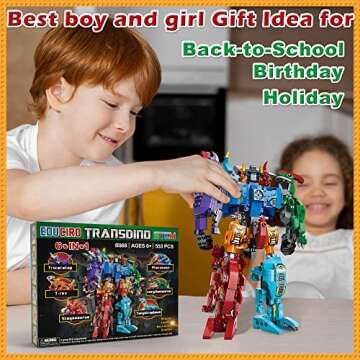 EDUCIRO Jurassic Dinosaur Toys for Kids 5-7, Creator 6in1 Transformer Building Toys, Action Figure Birthday Gifts Idea for Kids 6 7 8 9 10 Year Old Boys Girls (553 Pieces TransDino)