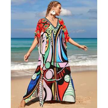 Bsubseach Kaftan Dresses for Women Plus Size Tie Dye Batwing Sleeve Caftans Swimsuit Coverup Maxi Dress Loungewear Face Motif