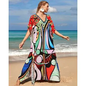 Bsubseach Kaftan Dresses for Women Plus Size Tie Dye Batwing Sleeve Caftans Swimsuit Coverup Maxi Dress Loungewear Face Motif