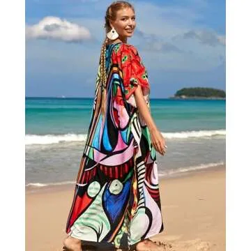 Bsubseach Kaftan Dresses for Women Plus Size Tie Dye Batwing Sleeve Caftans Swimsuit Coverup Maxi Dress Loungewear Face Motif