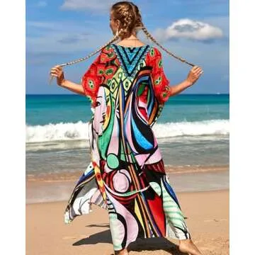 Bsubseach Kaftan Dresses for Women Plus Size Tie Dye Batwing Sleeve Caftans Swimsuit Coverup Maxi Dress Loungewear Face Motif