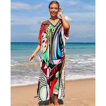 Bsubseach Kaftan Dresses for Women Plus Size Tie Dye Batwing Sleeve Caftans Swimsuit Coverup Maxi Dress Loungewear Face Motif