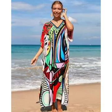 Bsubseach Kaftan Dresses for Women Plus Size Tie Dye Batwing Sleeve Caftans Swimsuit Coverup Maxi Dress Loungewear Face Motif