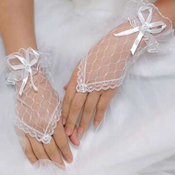 Olbye Womens' Wedding Gloves Fingerless Rhinestone Lace Gloves for Brides Lace Bow Wrist Gloves White (White)