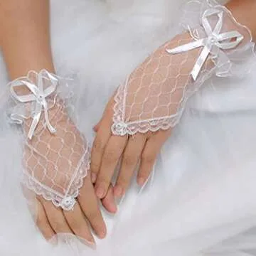 Olbye Womens' Wedding Gloves Fingerless Rhinestone Lace Gloves for Brides Lace Bow Wrist Gloves White (White)