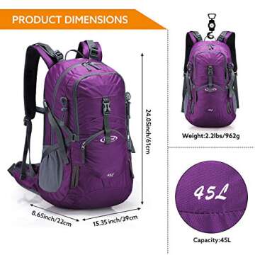 G4Free 45L Hiking Travel Backpack Waterproof with Rain Cover for Outdoor Adventures