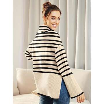 LILLUSORY Womens Fall Turtle Neck Long Sleeve Sweaters Ribbed Knit Pullover Top with Slit Fall Outfits Clothes Fashion 2024 Beige Stripe Medium