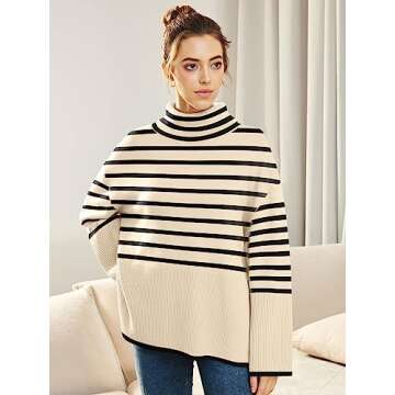 LILLUSORY Womens Fall Turtle Neck Long Sleeve Sweaters Ribbed Knit Pullover Top with Slit Fall Outfits Clothes Fashion 2024 Beige Stripe Medium