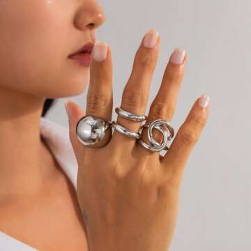 VIRAVENTO Chunky Rings for Women Silver Stacking Rings Gold Rings Set Trendy Knuckle Rings (4, Silve...