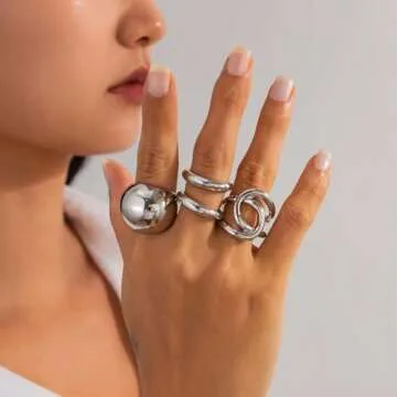 VIRAVENTO Chunky Rings for Women Silver Stacking Rings Gold Rings Set Trendy Knuckle Rings (4, Silve...