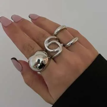 VIRAVENTO Chunky Rings for Women Silver Stacking Rings Gold Rings Set Trendy Knuckle Rings (4, Silver)