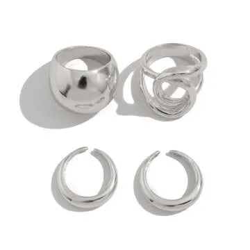 VIRAVENTO Chunky Rings for Women Silver Stacking Rings Gold Rings Set Trendy Knuckle Rings (4, Silver)