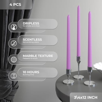 CANDWAX 12'' Lavender Taper Candles - Dripless & Slow Burning