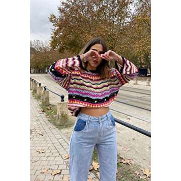 Women' s Y2K Crochet Crop Top See Through Hollow Out Sweater Pullover Long Sleeve Knit Color Block C...