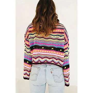 Women' s Y2K Crochet Crop Top See Through Hollow Out Sweater Pullover Long Sleeve Knit Color Block Casual Streetwear (M, C)