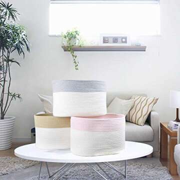 Trisomy Cotton Rope Storage Baskets Bin Set of 4 Storage Cube Organizer Foldable Decorative Woven Basket with Handles for Clothes, Toy, Makeup, Books, Towels, Nursery Laundry 15"x 10"x 9"(White-Brown)