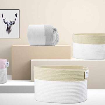 Trisomy Cotton Rope Storage Baskets Bin Set of 4 Storage Cube Organizer Foldable Decorative Woven Basket with Handles for Clothes, Toy, Makeup, Books, Towels, Nursery Laundry 15"x 10"x 9"(White-Brown)