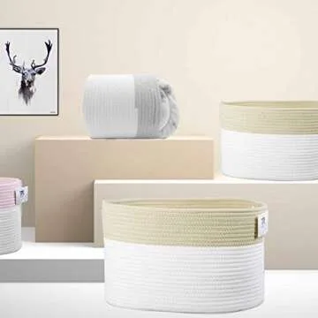 Trisomy Cotton Rope Storage Baskets Bin Set of 4 Storage Cube Organizer Foldable Decorative Woven Basket with Handles for Clothes, Toy, Makeup, Books, Towels, Nursery Laundry 15"x 10"x 9"(White-Brown)