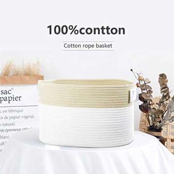 Trisomy Cotton Rope Storage Baskets Bin Set of 4 Storage Cube Organizer Foldable Decorative Woven Basket with Handles for Clothes, Toy, Makeup, Books, Towels, Nursery Laundry 15"x 10"x 9"(White-Brown)