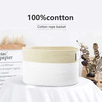 Trisomy Cotton Rope Storage Baskets Bin Set of 4 Storage Cube Organizer Foldable Decorative Woven Basket with Handles for Clothes, Toy, Makeup, Books, Towels, Nursery Laundry 15"x 10"x 9"(White-Brown)