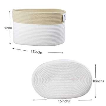 Trisomy Cotton Rope Storage Baskets Bin Set of 4 Storage Cube Organizer Foldable Decorative Woven Basket with Handles for Clothes, Toy, Makeup, Books, Towels, Nursery Laundry 15"x 10"x 9"(White-Brown)