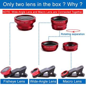 KINGMAS 3 in 1 Universal Fish Eye Lens, Macro Clip Lens Wide-Angle Camera Lens Kit for iPad iPhone Samsung Android and Most Smartphones (Red)
