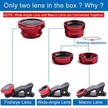 KINGMAS 3 in 1 Universal Fish Eye Lens, Macro Clip Lens Wide-Angle Camera Lens Kit for iPad iPhone Samsung Android and Most Smartphones (Red)