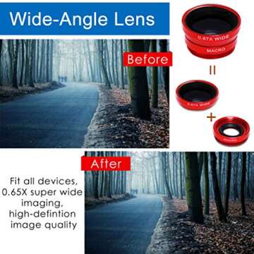 KINGMAS 3 in 1 Universal Fish Eye Lens, Macro Clip Lens Wide-Angle Camera Lens Kit for iPad iPhone Samsung Android and Most Smartphones (Red)