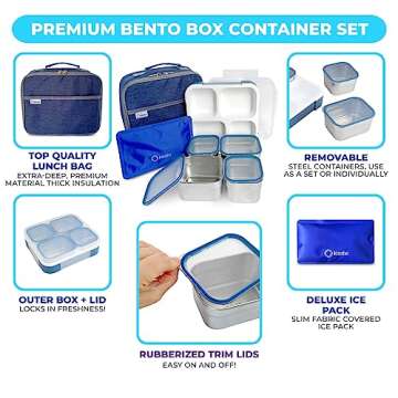 Stainless Steel Bento Lunch Box Set for Adults, Kids - Insulated Bag and Ice Pack - Leak-Proof Metal...