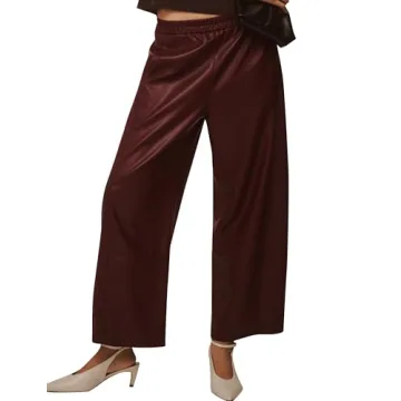 Anoumcy Faux Leather Pants for Women High Waist Wide Leg PU Leather Barrel Palazzo Trousers Pants wi...