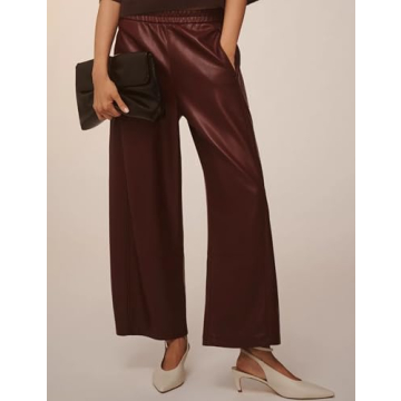 Anoumcy Faux Leather Pants for Women High Waist Wide Leg PU Leather Barrel Palazzo Trousers Pants with Pockets Brown Red M