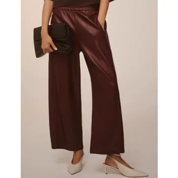 Anoumcy Faux Leather Pants for Women High Waist Wide Leg PU Leather Barrel Palazzo Trousers Pants with Pockets Brown Red M