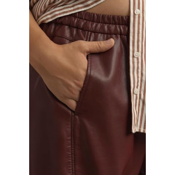 Anoumcy Faux Leather Pants for Women High Waist Wide Leg PU Leather Barrel Palazzo Trousers Pants with Pockets Brown Red M