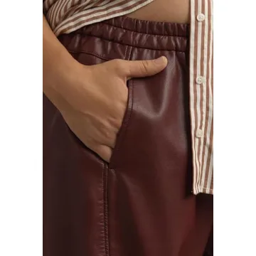 Anoumcy Faux Leather Pants for Women High Waist Wide Leg PU Leather Barrel Palazzo Trousers Pants with Pockets Brown Red M
